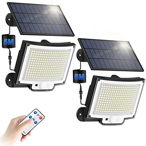 Luce Solare Led Esterno con Sensore di Movimento [228LED/3Modes] con Telecomando, IP65 Impermeabile con Estensore da 5M Giardino Garage [2 Pezzi ]