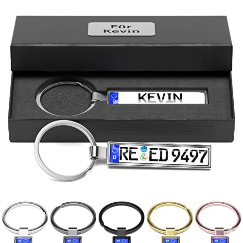 Bl4ckPrint Portachiavi personalizzato per targa a scelta con confezione regalo, mini targa con nome, incisione su entrambi i lati, per gli uomini e gli appassionati di auto, argento, 10x5cm