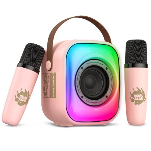 PHNIXGAM Mini macchina per karaoke con due microfoni wireless, altoparlante Bluetooth portatile per adulti e bambini, microfono per karaoke con LED, supporto altoparlante per scheda