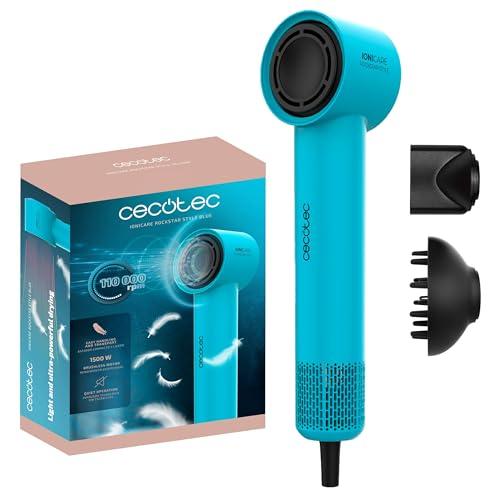 Cecotec Asciugacapelli Ionicare Rockstar Style Blue. Compatto E Leggero 1500W Con Motore Brushless, 110.000 Rpm, Generatore Di Ioni, Impostazioni Temperatura E Velocità, Design Portatile