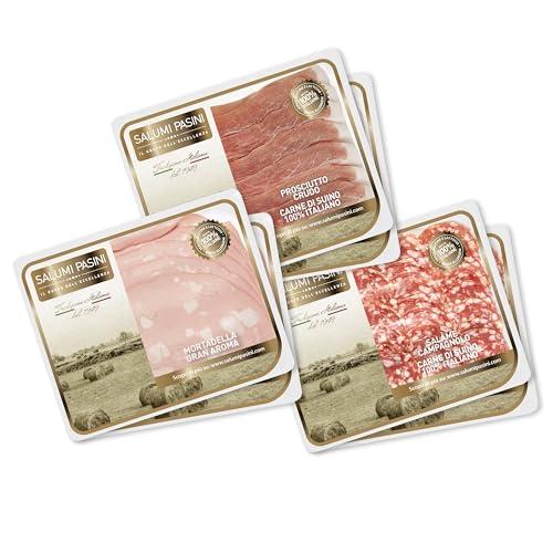 Mix Aperitivo Salumi Pasini® | 6 Vaschette di Salumi Misti Affettati | Salame Campagnolo, Mortadella, Prosciutto Crudo | Pronte da gustare