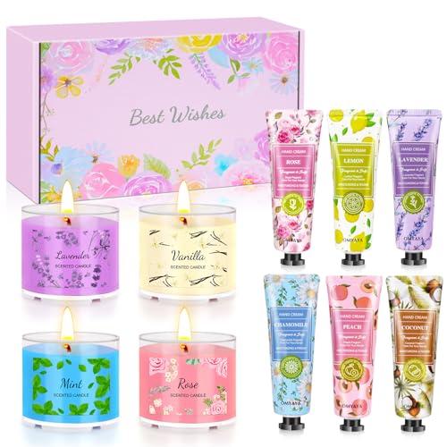 Confezione Regalo Donna I 6 Crema Mani+4 Candele Profumate per Compleanno, Festa della Mamma, San Valentino e Anniversari I Set Donna Regalo per Mamme, Fidanzate,Moglie