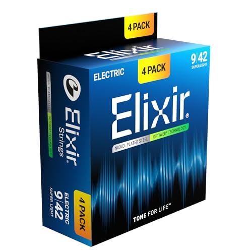 Corde per chitarra elettrica Elixir Strings con tecnologia OPTIWEB, super leggere (.009-.042) - Confezione esclusiva Amazon da 4