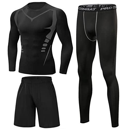 Terecey 3 Pezzi Completo PalestraUomo, Corsa Running Tuta Compressioneuomo, Asciugatura Rapida Maglietta Compressione Pantaloncini Sportivo Leggingsuomo Grigio - M