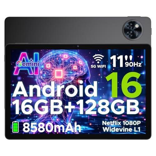 U11 Android 16 Tablet 11 Pollici Gemini AI 16GB RAM +128GB ROM (2TB TF) 8580mAh Gaming Tablet Unisoc T7200 Octa-Core 13MP+5MP Tablets PC WIFI 5/ GMS/ WidevineL1/ 3.5mm Audio/GPS/Face ID/OTG,Nero