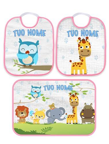 Set Asilo con nome sacchetto porta bavaglini, tovaglietta/asciugamano personalizzati (Set 2 Bavette Bavaglino Asilo + Asciugamano personalizzabile con nome Animali della foresta Bordo Rosa)