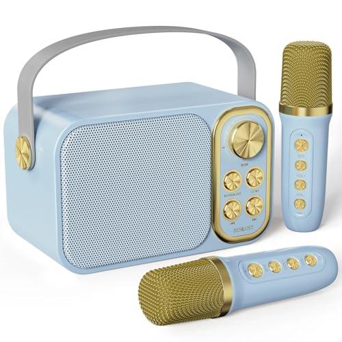 BESCOST Karaoke per Bambini Blu Professionale Completo con 2 Microfoni Wireless,Cassa Portatile 7 Effetti Sonori,Idea Regalo Compleanno,Giocattolo Natale 5-14 Anni