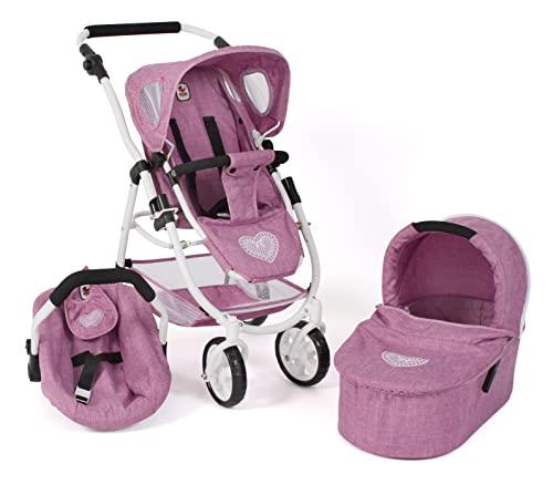 Bayer Chic 2000 - Passeggino per bambole Emotion All In, set passeggino 3 in 1 composto da navicella, seggiolino sportivo e seggiolino auto, jeans rosa