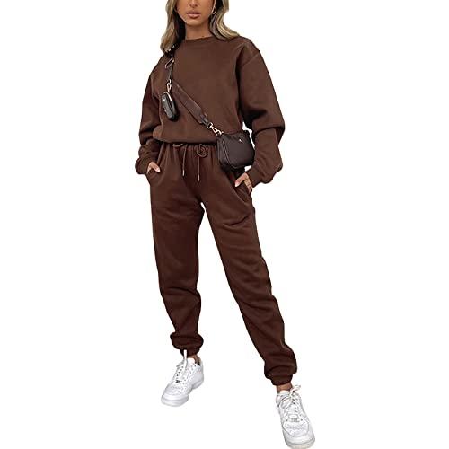 amropi Tuta da Donna Vello Foderato Pullover Felpa e Pantaloni Jogging Tute caffè,S