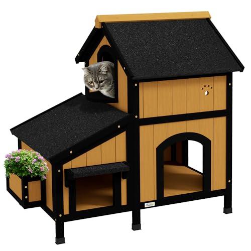 Casetta per gatti PawHut, in legno di abete, rifugio per gatti con diverse entrate, 2 piani, grotta per gatti all'aperto, casetta per animali con tetto in asfalto, fioriera, resistente all'inverno,