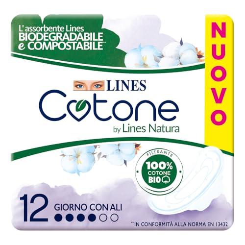 Lines Cotone by Lines Natura con Ali, 12 assorbenti in cotone per il giorno, Biodegradabile e Compostabile. Filtrante 100% cotone Bio delicato sulla pelle.