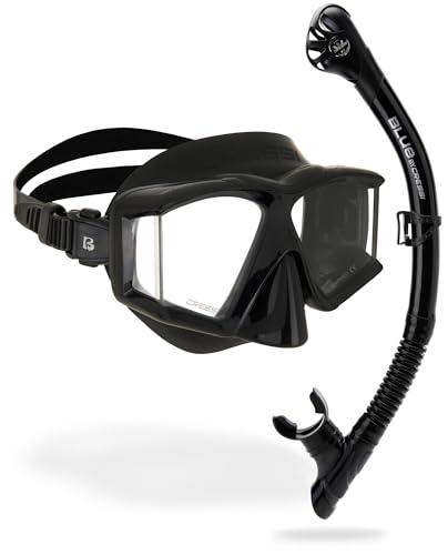 CRESSI Horizion+Scilla Combo Black/Black - Set Maschera Horizon 4 Vetri Temperati Separati e Snorkel Scilla Top Dry Valve System per Immersioni e Snorkeling, Nero/Nero, Unisex