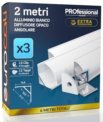 Eurocali 3 Profili Angolari da 2 metri (6mt) in Alluminio Bianco per Strisce LED Schermatura Opaca - Larghezza Massima Stricia LED 10.5mm - 15.8 x 15.8