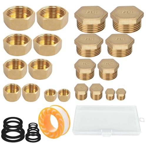 WISIRENT 20 Pezzi Tubo Dell'Acqua Con Tappo Cieco, 1/8 1/4 3/8 1/2 3/4 Tappo Per Tubo in Ottone con Filettature Interne Ed Esterne, Tappo Cieco Tappo in Ottone Esagonale con Scatola Portaoggetti