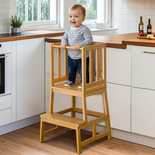 COSYLAND Torre Montessoriana Bambini – Torretta Montessoriana A Forma di “A” con Pedana Centrale Rinforzata – Torre Montessoriana da Cucina o Bagno, Convertibile in Doppio Sgabello – Colore Naturale