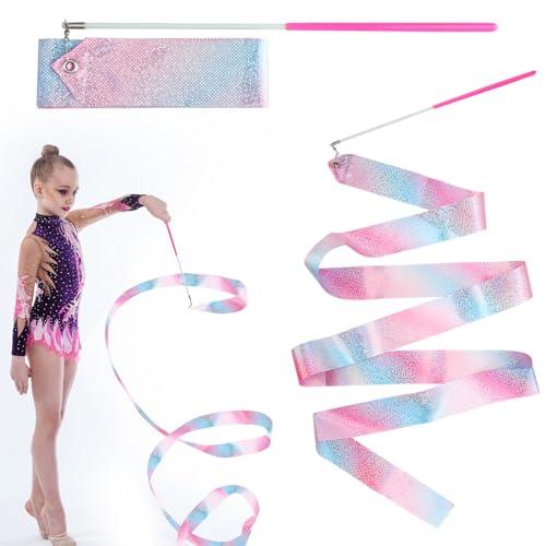 Kit di 2 Nastro Ginnastica Ritmica Bambina, Nastro Danza Ritmica Bambina, Lunghezza 2 Metri, Colore Rosa con Maniglie - Perfetti per Allenamenti e Spettacoli