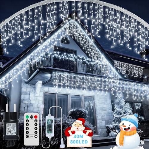 RJEDL 25+5M 800 LED Rinnovabili Luci di Natale da Esterno, Luci Natalizie da Esterno Cascata con 8 Modalità,Timer,Funzione Memoria Tenda Luminosa Esterno per Decorazioni Natalizie da Balcone