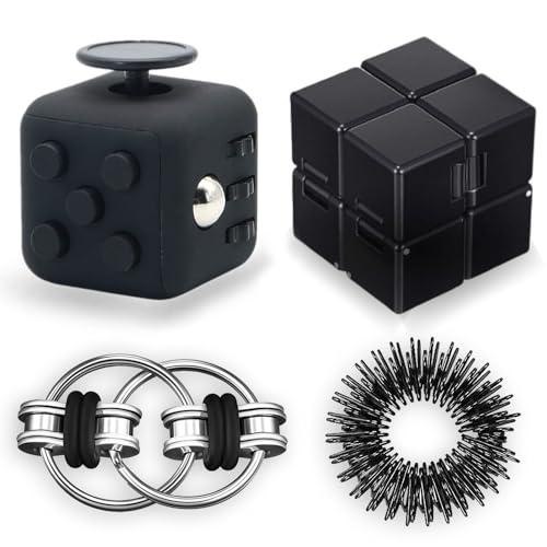 Steemjoey 4Pcs Nero Fidget Pack Giocattoli Set per Adulti Bambini, Cubo Antistress Infinity Cube Flippy Chain & Anelli Sensoriali a Punta, Riduttore di Stress Compleanno Regalo di Natale per ADD ADHD