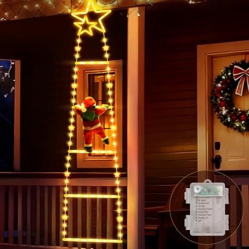 Buudala 1.0M Luci Natale Esterno, Luce Della Scala con Babbo Natale, 8 Effetti di Luce e Funzione Timer, Addobbi Natalizi, Adatto per Balcone, Finestra, Giardino, Albero di Natale, Bianco Caldo