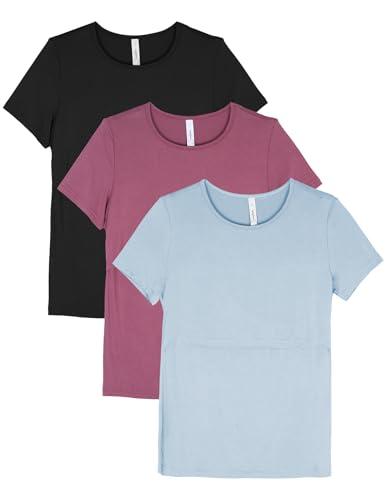 Sosolism Set da 3 Magliette da Allattamento Estate a Maniche Corte T-Shirt Casual per Gravidanza e Post-Parto per Donne Nero, Rosa Polveroso, Azzurro Chiaro, Medio