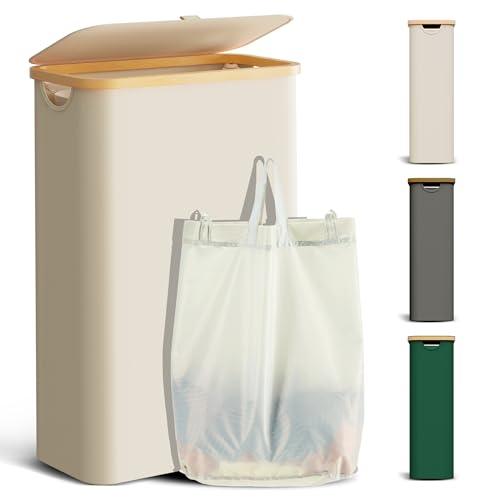 Youdenova Cesto portabiancheria con coperchio, 48 l, alto e stretto, con sacco per la biancheria, pieghevole, in legno di bambù, beige