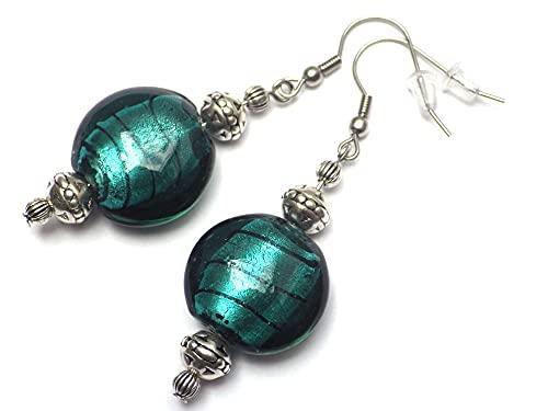 Orecchini Venezia in acciaio inox e perle piatte in vetro di Murano verde petrolio