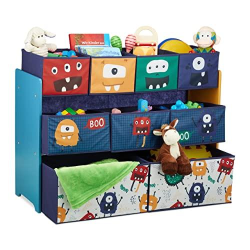Relaxdays Scaffale Portagiochi, Motivo Mostri, Cameretta Bambini, 9 Box in Stoffa, HxLxP: 70x92,5x30 cm, Multicolore, Tessuto Non Tessuto