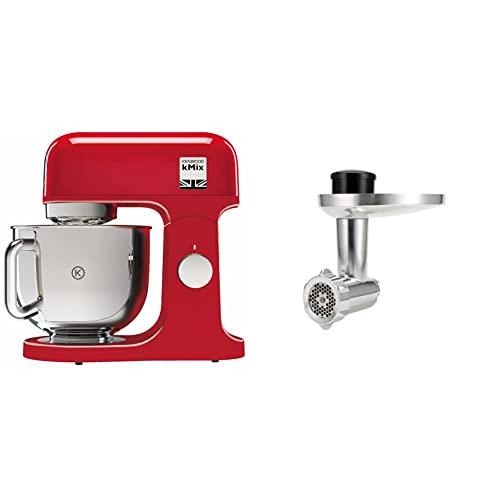 Kenwood KMX750AR Impastatrice Planetaria Kitchen Machine kMix, Robot da Cucina Mixer, 1000 W, 5 Litri, Acciaio, Plastica, Rosso & KAX950ME Accessorio Tritacarne per Impastatrice Planetaria, Argento