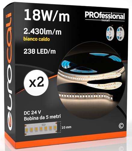 Eurocali Striscia LED 5 metri Professionale 24V 90W 18 W/mt - KIT con 2 Strisce Monocolore da 1190 LED 238 LED/mt e 12150 Lumen 2430 Lm/mt 135 lm/W - Bianco Caldo 3000K (Pacco 2 Bobine da 5mt)