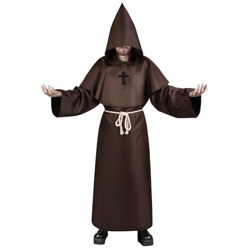 Aomig Costume da Monaco, Monaco Sacerdote Accappatoio Frate Medieval Rinascimentale, Cosplay Costume Robe Adulto Mantello, Abito da Mago Costume da Prete per Halloween Carnevale(Marrone-2XL)