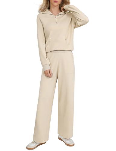 Totatuit Tuta Donna Completo 2 Pezzi Mezza Zip，Tuta da Ginnastica Due Pezzi Jogging Donna con Felpa a Maniche Lunghe,Pantaloni a Gamba Larga, Completo Sportiva Casual per Relax, Casa e Tempo Libero
