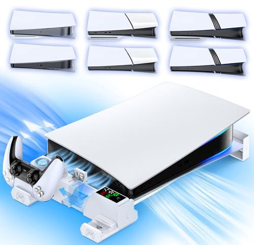 Supporto Orizzontale per PS5/Slim/Pro, Ventola Raffreddamento per Playstation 5/Slim/Pro Console Disc & Digital, Base Orizzontale PS5 Pro con Caricatore per PS5 Controller Originale & Edge (Bianco)