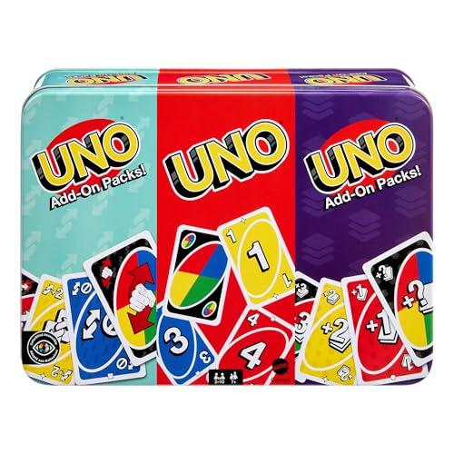Mattel Games - UNO, il classico gioco di carte con 2 Add-On Packs e in una confezione di latta da collezione, per serate di gioco da 2 a 10 giocatori, 7+ anni, JCV60