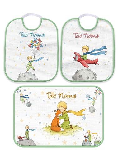 Set Asilo personalizzabile con nome (Set 2 Bavette Bavaglino Asilo + Asciugamano personalizzabile con nome Piccolo Principe Favole Bordo Verde 7308-42)