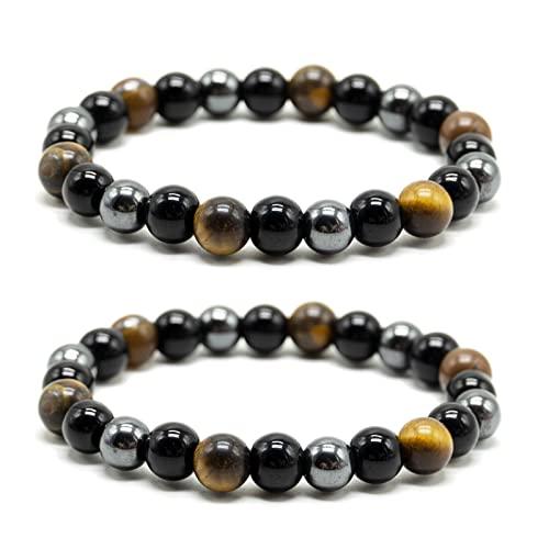 SZCXDKJ Braccialetto di protezione tripla, con occhio di tigre, ematite e ossidiana, unisex, 16-18 cm