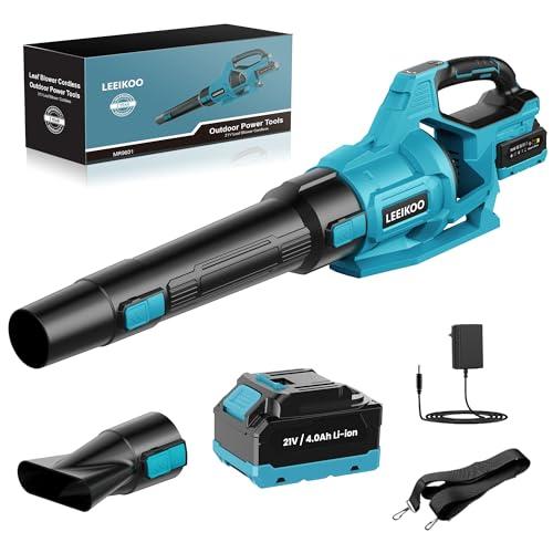 LEEIKOO Soffiatore a Batteria, 21V Soffiatore Foglie con Batteria 4,0Ah, 3 Impostazioni di Velocità, 2 Tubi di Soffiaggio Staccabili, Cintura per Fango la Pulizia del Giardino