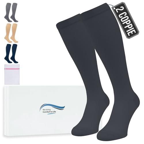 360 Relief Calze Compressione Graduata Donna e Uomo - 2 Coppie Solido Colore Gambaletti Compressione Graduata per Sports, Running, Viaggio, Ciclismo, Lavoro - L/XL Nero con Borsa Lavanderia