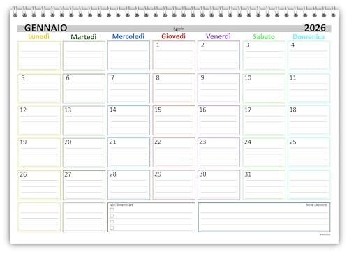 Planning Mensile A4 2026-2027, Agenda Spiralata 21x30cm, 24 Fogli, settimana Colorata