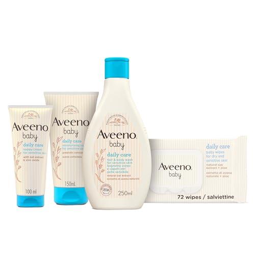 Aveeno Baby Set Cura Neonato con Pasta Cambio Pannolino 100 ml, Detergente Bagnetto Corpo e Capelli 250 ml, Crema Idratante 150 ml e Salviettine per viso e corpo 72 pezzi – Esclusiva Amazon