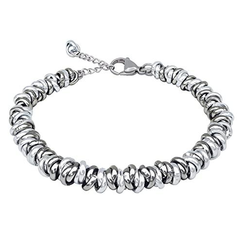 ParticolarModa Bracciale Donna regolabile nodini anelli intrecciati acciaio alluminio morbido 6 mm (Regolabile da 19 a 22 cm (x polso 16-18), Argentato/Fumè)