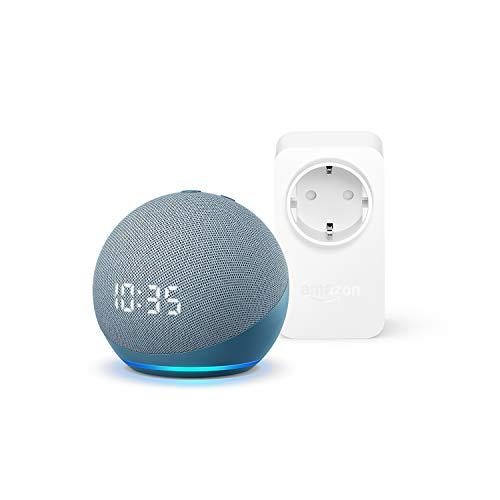 Echo Dot (4ª generazione) con orologio, Ceruleo + Amazon Smart Plug (presa intelligente con connettività Wi-Fi), compatibile con Alexa - Kit di base per Casa Intelligente