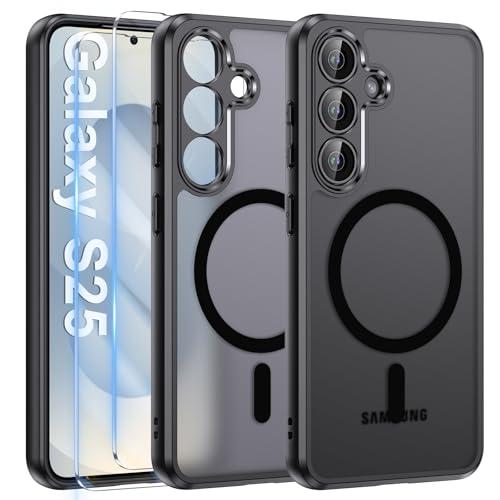 Opkiegrn Magnetica Cover per Samsung Galaxy S25/S24 con 2 Pezzi Vetro Temperato, Compatibile con MagSafe, [Antiurto Grado Militare] Custodia Posteriore Glassata Traslucida Anti-Impronte, Nero