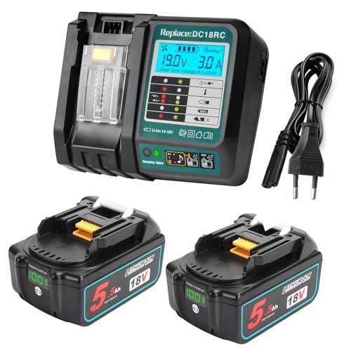 Powarobor 2x BL1850B 18V 5.5Ah Batteria di ricambio agli ioni di litio Compatibile con Makita 18Volt BL1830 BL1850 BL1860B con indicatore LED con kit caricabatterie