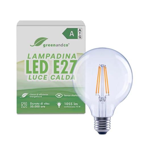 greenandco Lampadina a filamento LED | trasparente | E27 G95 | 5W 1055 lm | sostituisce 75W | 2700 K bianco caldo | 320° | 230V | senza sfarfallio | Classe energetica A | non dimmerabile