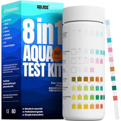 Wolmds Kit Test Acqua Acquario 8-in-1 - Test Acquario Dolce e Salato: Misuratore Durezza Acqua, pH, Nitrati, Cloro - Accessori Acquario Acqua Dolce,Kit Durezza Completo per Test Precisi (50 strisce)