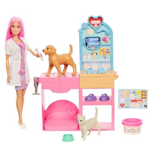Barbie - Clinica Veterinaria di Pronto Soccorso, Set con Bambola dai Capelli Rosa, Arredamento, Pasta modellabile e 10 Accessori a Tema Inclusi, Giocattolo per Bambini, 4+ Anni, JFX93