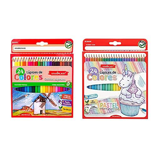 Starplast - Set di 48 matite con colori basici e pastello, per disegno artistico e per colorare, Uso scolastico e artistico