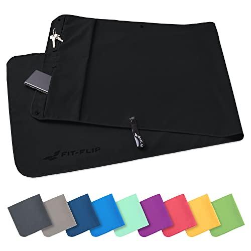 Fit-Flip Asciugamano Sportivo con Scomparto a Cerniera e Clip Magnetica - Telo in Microfibra - Compatto e ad Asciugatura Rapida - Accessori da Palestra uome e Donna - Nero