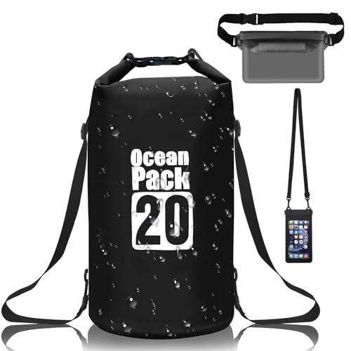 Gucass Borsa Impermeabile 20L Dry Bag Sacco Impermeabile Mare con Tracolla Regolabile, Sacca Stagna con Marsupio e Custodia per Cellulare, Waterproof Bag per Surf Rafting Campeggio e Kayak (Nero)