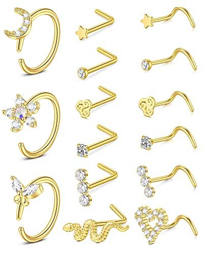 Mayhoop 18G Piercing Naso Acciaio Chirurgico Naso Piercing Oro Nostril Piercing Naso Piercing Gioielli per Donne Uomini 15Pcs